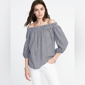 Old Navy Off-the-Shoulder Navy Blue and White Gingham Top Women XS